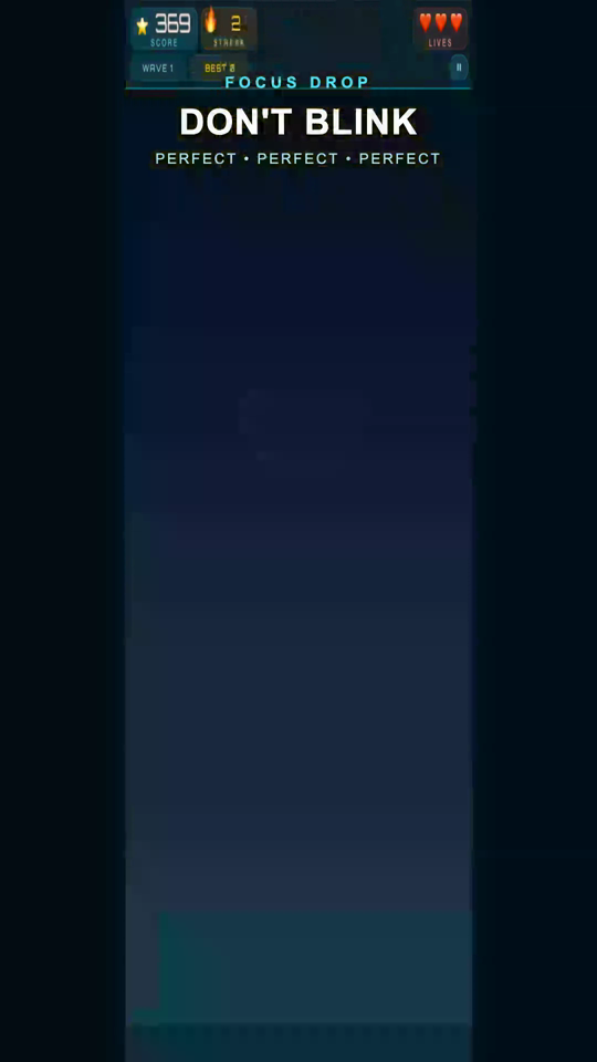 Focus Drop gameplay showing a falling water drop, score HUD, and streak counter